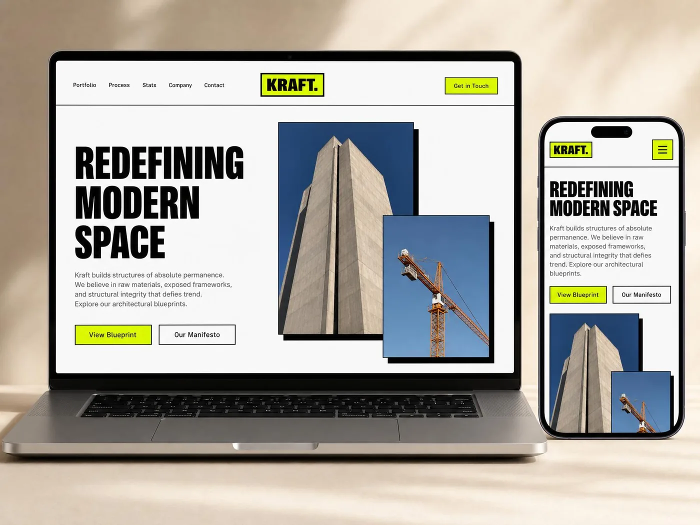 Kraft brutalist architecture studio website mockup